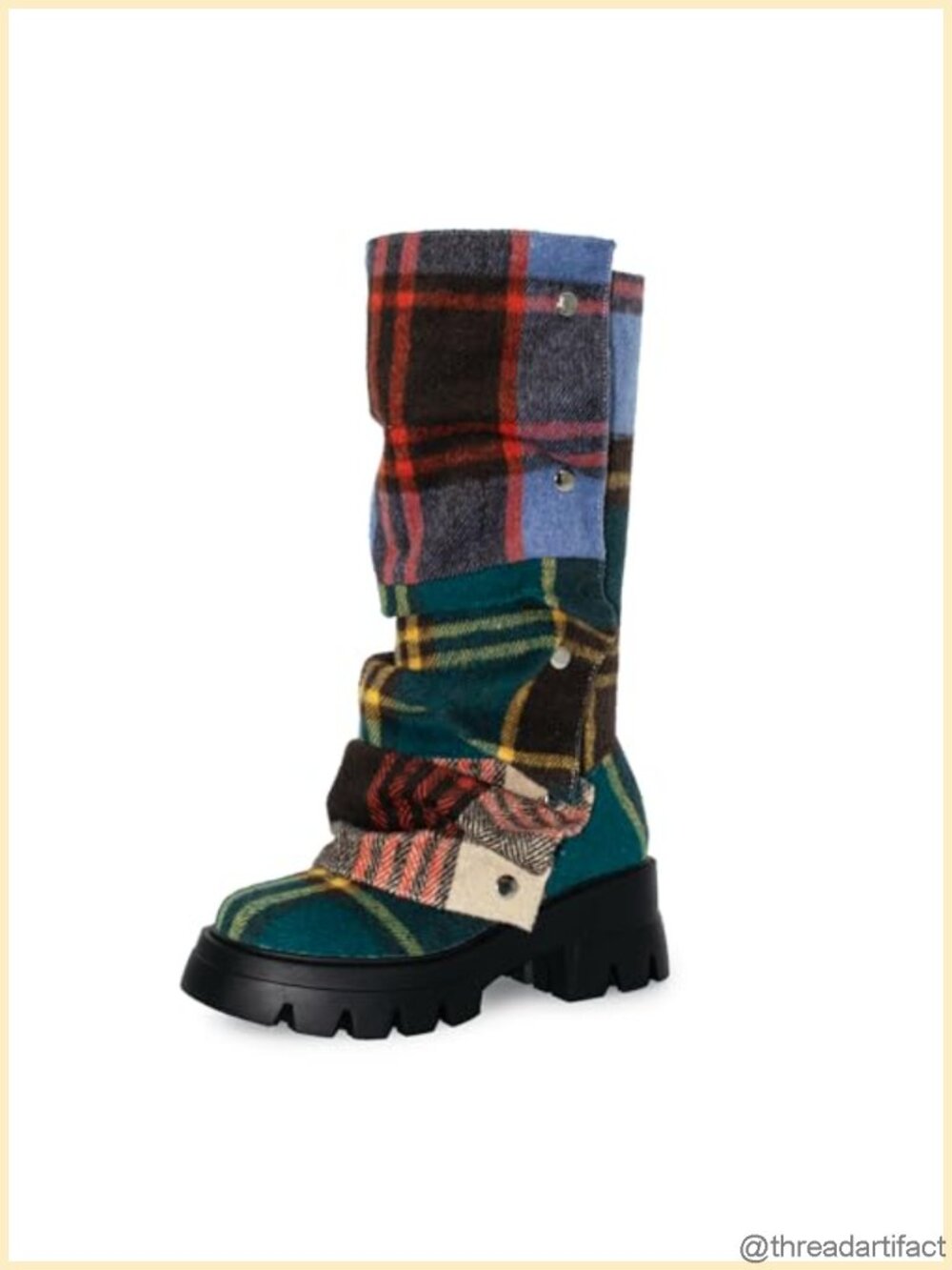 RKQ Women's Plaid Fabric Wide Calf Fold Over Platform Mid Calf Boots